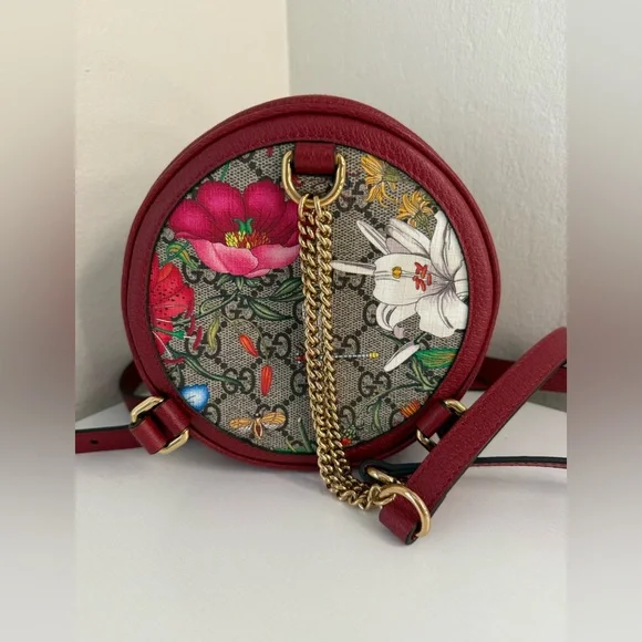 GUCCI GG Supreme Monogram Flora Mini Ophidia Round Backpack Red - Picture 8 of 9